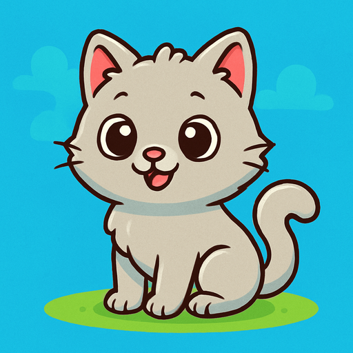 A cute cartoon-style cat character for a mobile game. Soft fluffy fur, big round eyes, small triangular ears, pink nose, and a curled tail. Light gray or orange color, standing or sitting with a playful and happy expression. High-quality digital illustration with a simple, colorful background. Ideal for a fun and friendly kids game.”.
In-Game asset.  2d.  High contrast.  No shadows. cartoon style