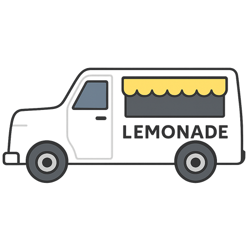 White fill Lemonade truck with tires, with lemonade stand space on behind, door, windows, white color fill. . No background. Transparent background. Blank background. No shadows. 2d. In-Game asset. flat