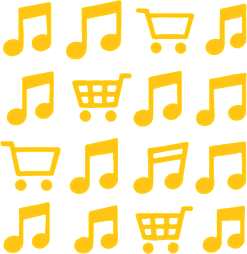 Mavi arka plan üzerinde sarı müzik notası simgeleri ve market arabası simgeleri olsun.
In-Game asset.  2d.  High contrast.  No shadows