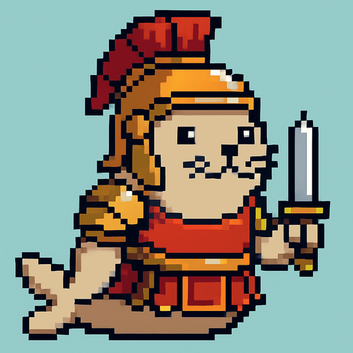 una foca de pixeles con armadura de gladiador.
In-Game asset.  2d.  High contrast.  No shadows