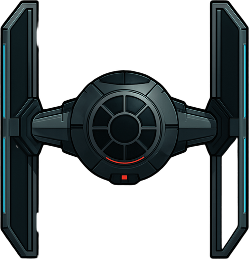 A clean and stylized top-down view of a futuristic sci-fi fighter inspired by classic space opera designs. The ship features a central cockpit sphere with two large vertical wing panels on each side, connected by sleek metallic arms. The design is symmetrical with dark gray and black tones, accented with subtle glowing blue or red highlights. The icon has sharp, simplified details for clarity at small sizes, with a dark background to enhance contrast. Square or circular format, 1024x1024 resolution, high detail, sci-fi concept art style. Original design, copyright-safe, evoking the essence of iconic space fighters..
In-Game asset.  2d.  High contrast.  No shadows