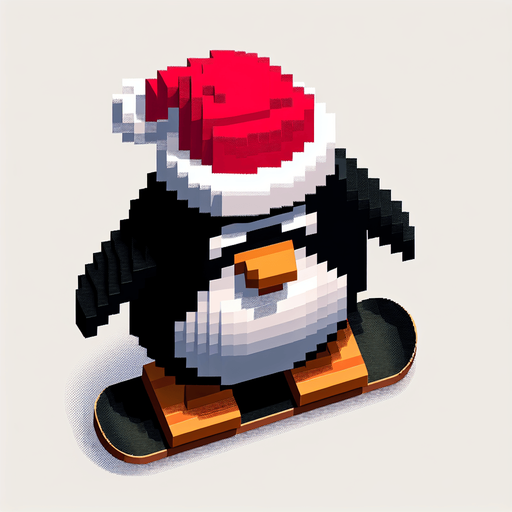 Giant angry penguin snowboarder wearing a red santa hat. top-view. gta 2. seen from above. Single Game Texture. In-Game asset. 2d. Blank background. High contrast. No shadows. pixelated. 8 bit.
A