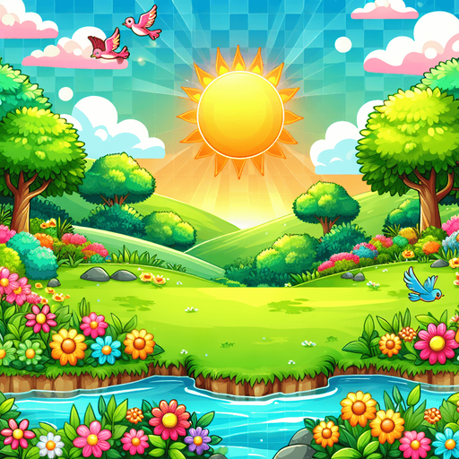 A background image for a puzzle video game depicting the season of summer. Cartoon.
Single Game Texture. In-Game asset. 2d. Blank background. High contrast. No shadows.