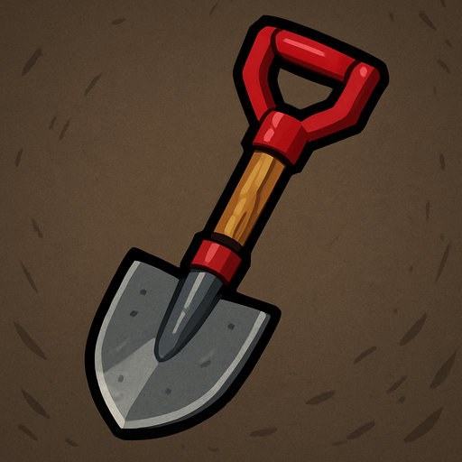 pequeña pala de acero, con mango de madera y un agarre de color rojo.
In-Game asset.  2d.  High contrast.  No shadows