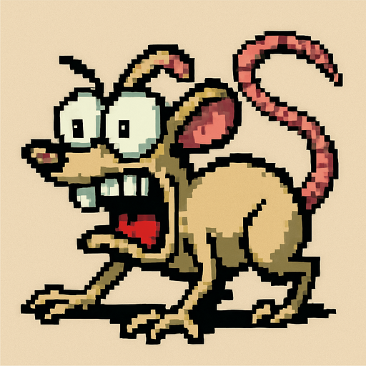 Raton tipo pixel art earthworm jim, la personalidad del ratón debe ser frenética asustadizo como la de ten de ten y stimpy, debe estar en cuatro patas.
In-Game asset.  2d.  High contrast.  No shadows