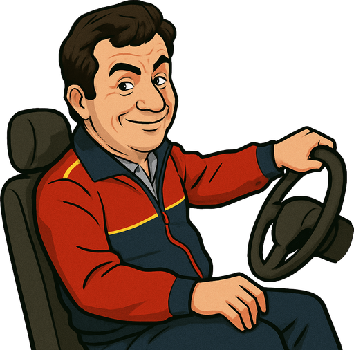 akasya durağından Sinan taxi sürüyor. image of a driver Sinan, depicted in a 3/4 view. The driver should be leaning back casually and look right, , with one hand on the wheel as if driving. Single Game Texture. In-Game asset. 2d. Blank background. High contrast. No shadows. It should look like sinan in akasya duragı and looks mischef.
In-Game asset.  2d.  High contrast.  No shadows
