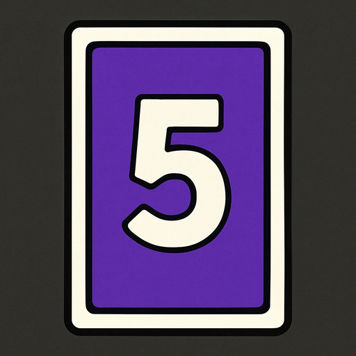 Rectangular card numbered 5, with a white border around it and a purple background..
In-Game asset.  2d.  High contrast.  No shadows