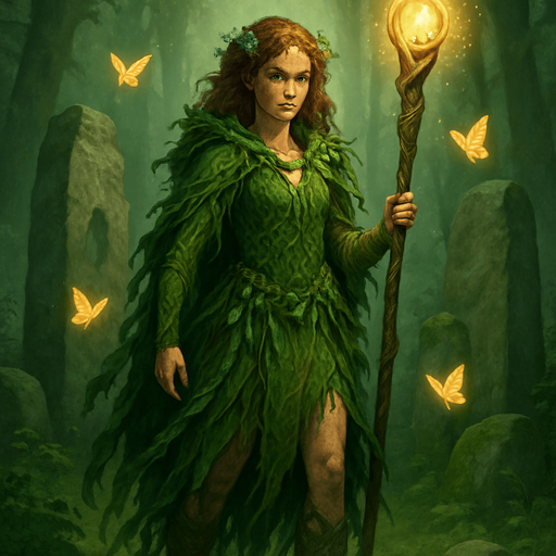 A forest druidess cloaked in green vines, leaves, and bark-woven garments, standing among ancient stone circles. Female, 28 years old, slender and fierce, auburn curly hair with forest flowers woven in, moss-green eyes, and freckled sun-kissed skin. A glowing staff carved from elderwood is in her hand, and glowing butterflies swirl around her. Realistic, highly detailed, enchanted forest atmosphere. realistic.
In-Game asset.  2d.  High contrast.  No shadows