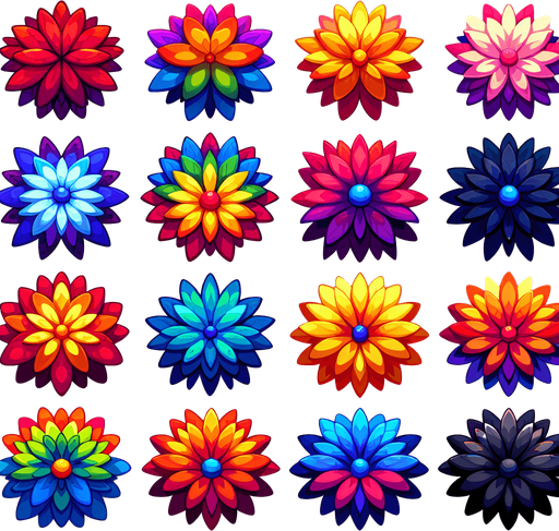 A sprite sheet of flowers seen from above. Cartoon. All similar size. Each blossom has multi colored rainbow petals. only the blossom. Bold colors and shading. 
Single Game Texture. In-Game asset. 2d. Blank background. High contrast. No shadows.