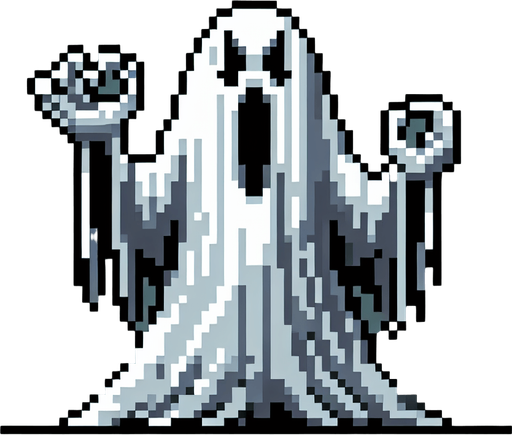 giant 8bit ghost video game boss.
Single Game Texture. In-Game asset. 2d. Blank background. High contrast. No shadows.
