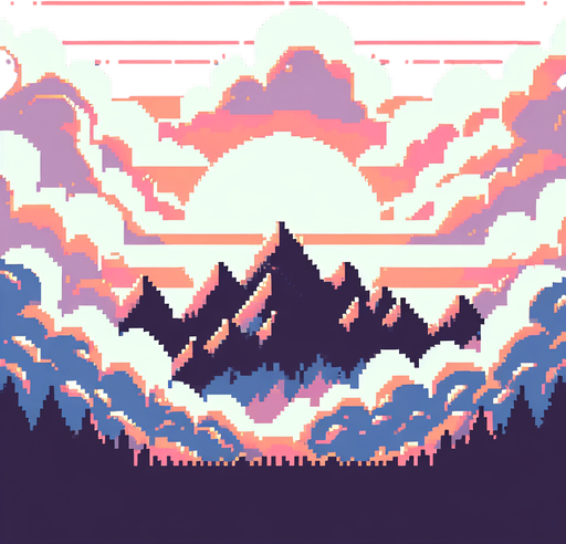 a pixel clouds background, with mountains, full height full width
Single Game Texture.  In-Game asset.  2d.  Blank background.  High contrast.  No shadows