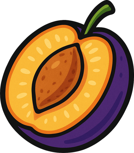 Ciruela Fruta cortada por la mitad.
In-Game asset.  2d.  High contrast.  No shadows. Cartoon.