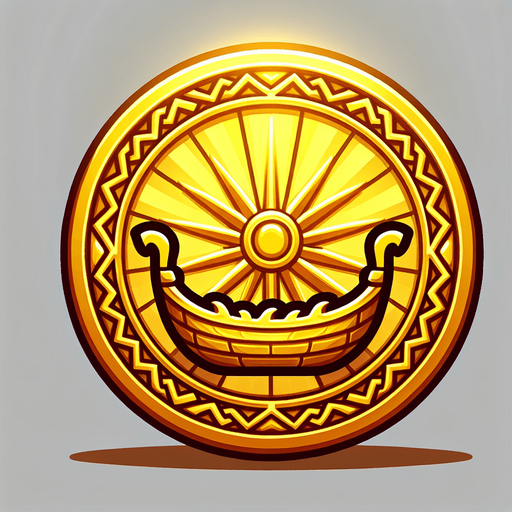 a single shining yellowish golden coin with the boat  on it.
Single Game Texture.  In-Game asset.  2d.  Blank background.  High contrast.  No shadows