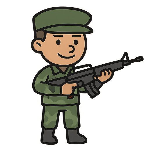 bir adam elinde silah olsun ve asker gibi giyinsin. No background. Transparent background. Blank background. No shadows. 2d. In-Game asset. flat