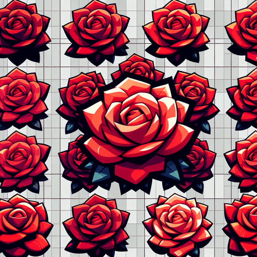 A sprite sheet of different red roses seen from above. Cartoon. All similar size. Just the blossom. Bold colors and shading. 
Single Game Texture. In-Game asset. 2d. Blank background. High contrast. No shadows.