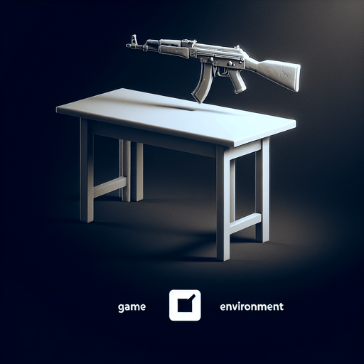 a table with a gun.
In-Game asset. Blank background. High contrast.