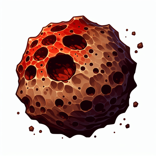 create a brown asteroid with red holes.
Single Game Texture.  In-Game asset.  2d.  Blank background.  High contrast.  No shadows