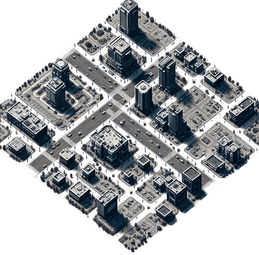 A top down view of a city.
Single Game Texture. In-Game asset. 2d. Blank background. High contrast. No shadows.