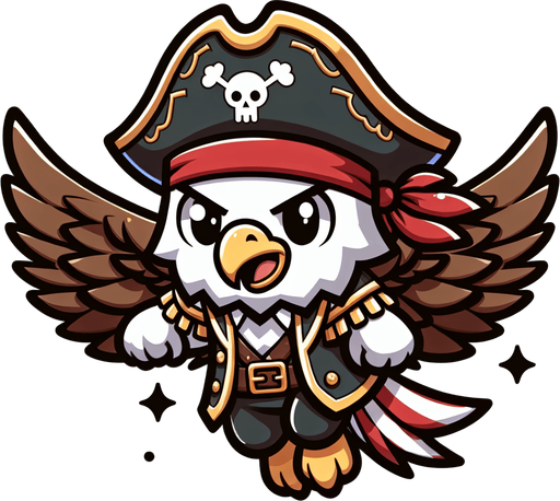 chibi cartoon eagle pirate fly.
Single Game Texture.  In-Game asset.  2d.  Blank background.  High contrast.  No shadows