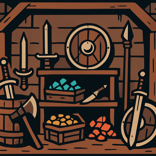 Eski kılıçlı silahlar ve cevherlerin vs. olduğu uzaktan bakış depo alanı..
In-Game asset.  2d.  High contrast.  No shadows