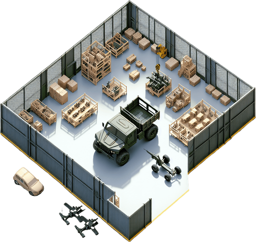 Simple light army vehicule factory buiding a quad with a crane. Square fence..
Zenith view Directly overhead. Plumb view.