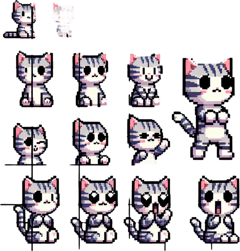 A spritesheet of a character sprite, which is a little grey and white striped cat, in various poses of sitting, looking happy, looking sad. Pixelart. The sprites should be laid out on a rectangular grid with clear space between them.Top down perspective..
Single Game Texture. In-Game asset. 2d. Blank background. High contrast. No shadows.