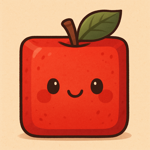 Perfectly square red apple decoration. Cartoon. Cute art style. 2d