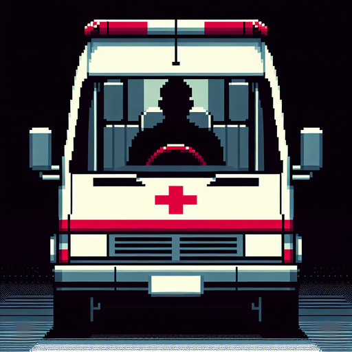 front of an ambulance with a silouhete of a driver..
video game style