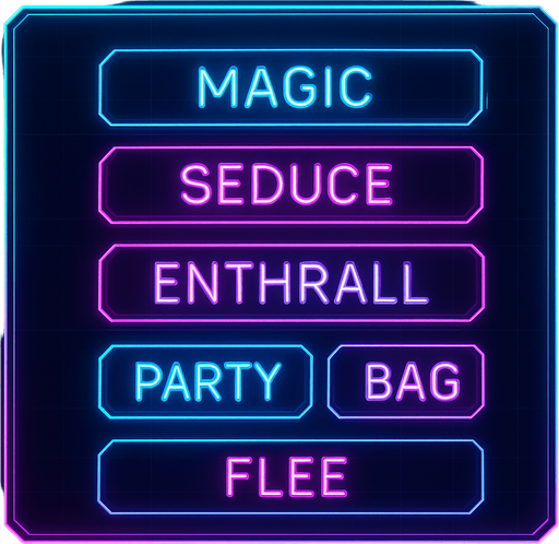 Neon cyberpunk combat menu MAGIC SEDUCE ENTHRALL PARTY BAG FLEE flat hologram glowing outline