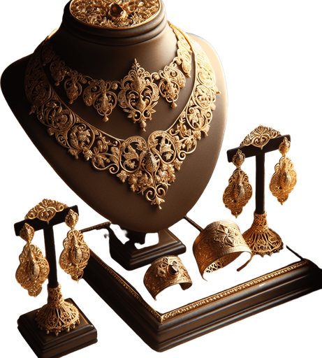 a set of classical gold jewelry on a small display bust