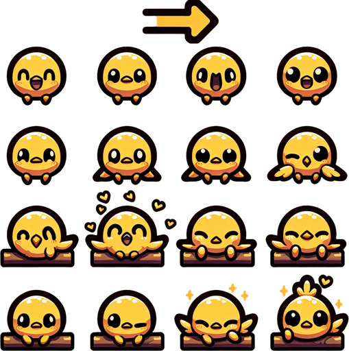 Spritesheet of a little yellow bird, sad and happy, sitting and flying..
Single Game Texture. In-Game asset. 2d. Blank background. High contrast. No shadows.
