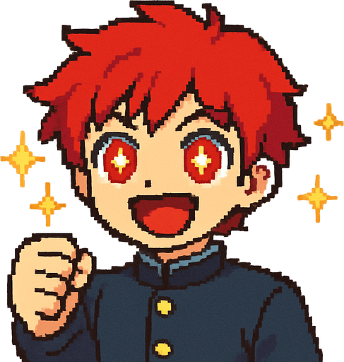A kawaii anime boy with intense red eyes, each containing shining stars. He raises his fist forward with determination, wearing a wide, open smile full of enthusiasm. Sparkles and glimmers float around him, symbolizing hope. The entire scene is rendered in Pixel Art style.