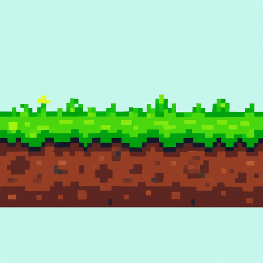 A flat, horizontal ground layer made of bright green grass on top and brown soil underneath, designed in pixel art style. The grass is slightly jagged at the top to suggest texture, and the soil has subtle pixel shading with small rocks and dirt patches. The image should be side-view and seamless, suitable for a 2D side-scrolling game like Flappy Bird, with tiny pixel flowers or varied shades of green for extra detail..
In-Game asset.  2d.  High contrast.  No shadows. pixel art. side view. seamless. ground texture. retro style