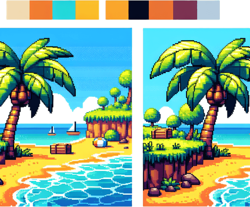 pixelart cartoon beach schene. just the beach and a big palm tree. no background..
Single Game Texture. In-Game asset. 2d. Blank background. High contrast. No shadows.