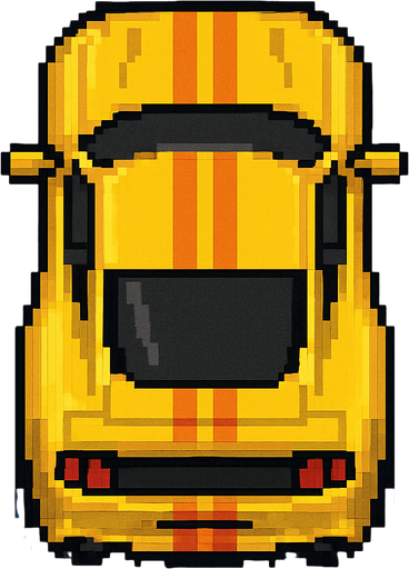 un auto amarillo deportivo con perspectiva desde arriba hecho con pixeles.
In-Game asset.  2d.  High contrast.  No shadows con perspectiva trasera