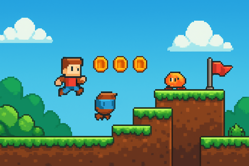 Fullscreen modern App Store landscape banner, 16:9, high definition, for a game titled "Pixel Jumper" and with the description "A classic 2D platformer where you run, jump, and dodge through obstacle-filled levels. Collect coins, avoid enemies, and reach the goal flag to progress through increasingly challenging stages with responsive touch controls and smooth physics.". No text on banner!