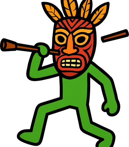 Green stickman with a tribal mask and a stick to shoot darts.
In-Game asset.  2d.  High contrast.  No shadows