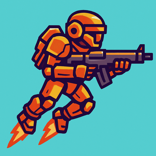 tentara robot terbang sambil memegang senjata rifle. side scroll view.
In-Game asset.  2d.  High contrast.  No shadows