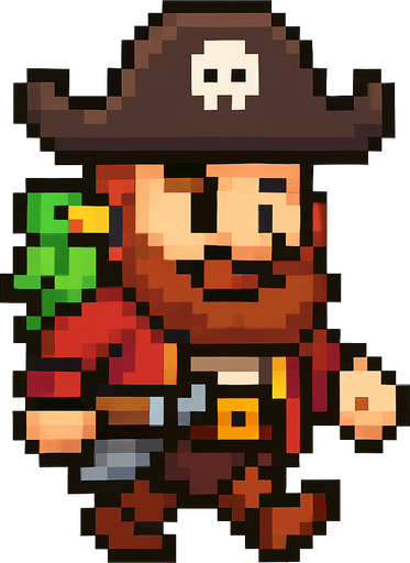 El pirata debe ser un personaje simpático y reconocible en estilo pixel art, con sombrero tricornio negro o marrón con una calavera blanca en el centro, un parche en uno de los ojos, barba o bigote corto, y una expresión decidida o divertida; su ropa debe incluir una chaqueta roja o azul, cinturón ancho, pantalones cortos y botas, todo con detalles simples pero claros; puede tener un accesorio como una espada al cinto o un loro en el hombro, y su animación debe mostrarlo caminando o balanceándose ligeramente como si estuviera en un barco; el fondo debe ser transparente y el diseño debe ser compacto, ideal para un juego colorido y caricaturesco..
In-Game asset.  2d.  High contrast.  No shadows