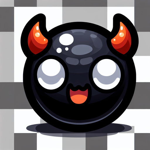 Uma bolinha preta com chifres dos olhos brancos sorridente laranja,jogo 2d fundo png.
Single Game Texture. In-Game asset. 2d. Blank background. High contrast. No shadows.