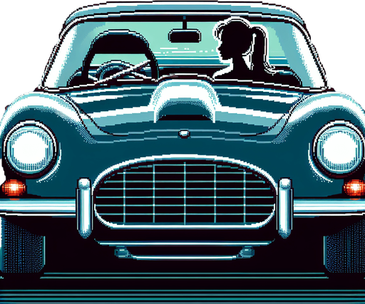 front of a car with a silouhete of a driver.
video game style