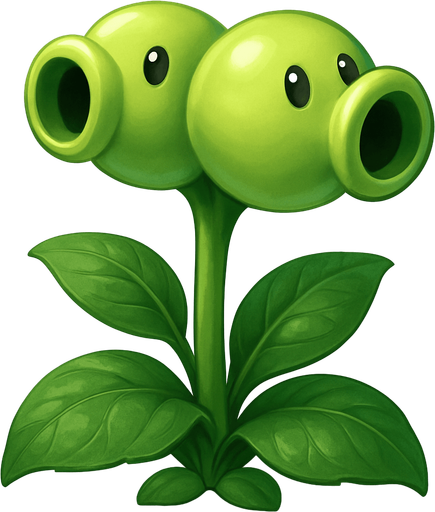Forma general: Es una planta con un tallo central del que brotan hojas y, en la parte superior, tiene dos "cabezas" o vainas de guisante.

Color: Predomina un color verde claro brillante en todo el cuerpo de la planta, con algunas sombras que le dan volumen y realismo. Las hojas y el tallo son de un verde ligeramente más oscuro.

Cabezas/Vainas: Tiene dos vainas de guisante esféricas unidas, dispuestas una al lado de la otra. Cada una de ellas actúa como un cañón:

Orificios de disparo: Ambas vainas tienen una abertura frontal redonda y oscura, que es por donde disparan los guisantes.

Ojos: Cada vaina tiene dos pequeños ojos oscuros, similares a cuentas, que le dan una expresión curiosa o atenta.

Hojas: En la base de las vainas y a lo largo del tallo, hay varias hojas grandes y ovaladas de color verde oscuro, con nervaduras visibles.

Estilo artístico: La imagen tiene un estilo más renderizado y detallado que las ilustraciones típicas del juego, con un sombreado suave que le da una a.
In-Game asset.  2d.  High contrast.  No shadows