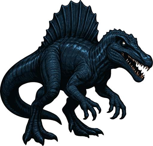 A large, realistic Spinosaurus dinosaur with dark navy-blue scaly skin, accented by lighter blue streaks along its sail and limbs. It has a long crocodile-like snout filled with sharp teeth and piercing yellow eyes. The sail on its back is tall and jagged, matching the dark tones of the body. Its tail is wide, flattened, and paddle-like—similar to a newt or salamander’s tail—designed for swimming. The muscular arms have large claws, and the overall posture is slightly hunched as if it’s ready to dive into the water. The skin texture shows rough scales, subtle wrinkles, and scars for a realistic semi-aquatic look..
In-Game asset.  2d.  High contrast.  No shadows