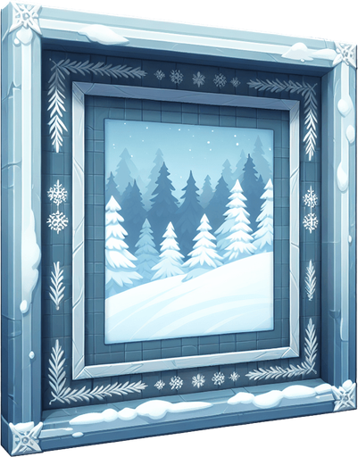 an empty painting with a winter styled frame Single Game Texture. In-Game asset. 2d. Blank background. High contrast. No shadows.