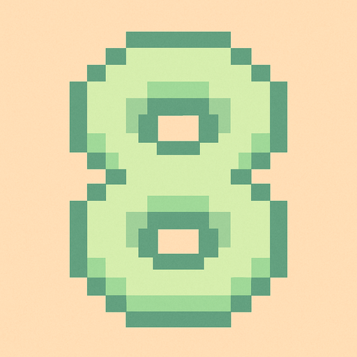 A pixel art number "8" designed for a cozy, cute retro 2D game UI with a bird theme. The number is rendered in soft pastel light green tones to harmonize with the gentle and sweet aesthetic of the game. It has a clean, simple, and rounded pixel style with no harsh edges, fitting perfectly within the pixel art UI style. The number is bold and easily readable at small sizes..
In-Game asset.  2d.  High contrast.  No shadows. pixel art. retro. 2d ui. number. pastel light green. simple. rounded edges. bold. cute. minimal
