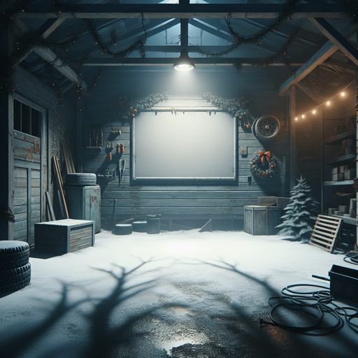 Eerie Christmas-inspired garage similar to a resident evil room
Single Game Texture. In-Game asset. 2d. Blank background. High contrast. No shadows.