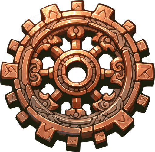 медная шестерня в стиле hand-paint.
Single Game Texture.  In-Game asset.  2d.  Blank background.  High contrast.  No shadows