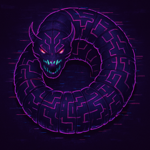 giant worm-like virus creature, segmented body, glowing circuit patterns, top-down view, menacing style, glitch effects, sci-fi, dark purple and neon accents, symmetrical, circular..
In-Game asset.  2d.  High contrast.  No shadows