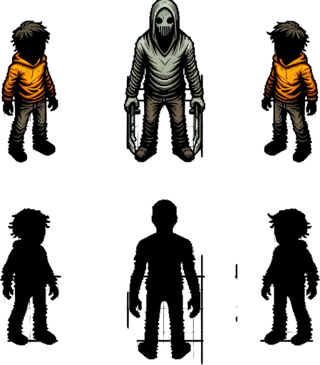 maak een horror player karakter van boven af
Single Game Texture. In-Game asset. 2d. Blank background. High contrast. No shadows.