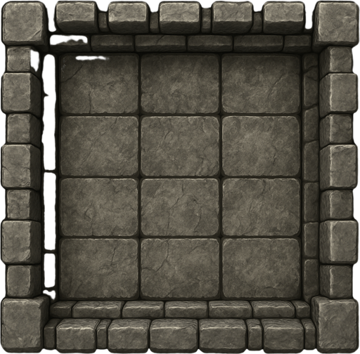 A rectangular stone castle battlement, seen from directly above. In between the walls is a weathered looking 3x5 grid. Rectangle. Not square. Realistic graphics..
In-Game asset.  2d.  High contrast.  No shadows